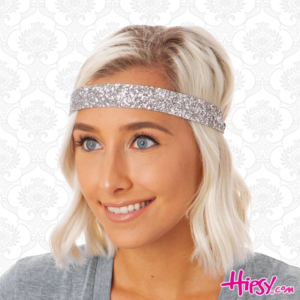 Hipsy Silver Adjustable & No Slip Wide Bling Glitter Hair Headband